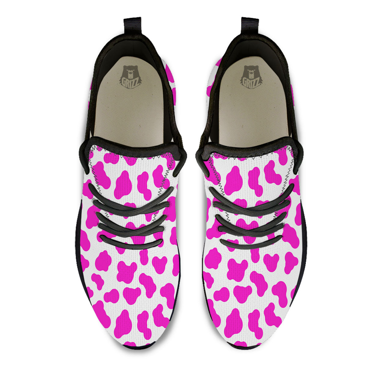 White Cow And Hot Pink Print Black Athletic Shoes-grizzshop
