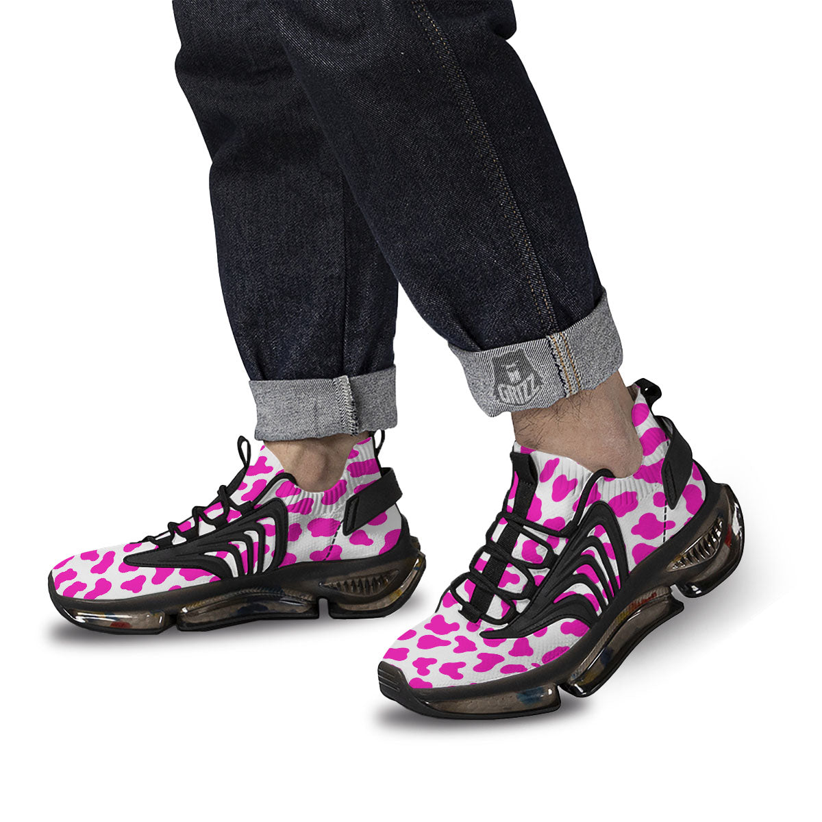 White Cow And Hot Pink Print Black Gym Shoes-grizzshop