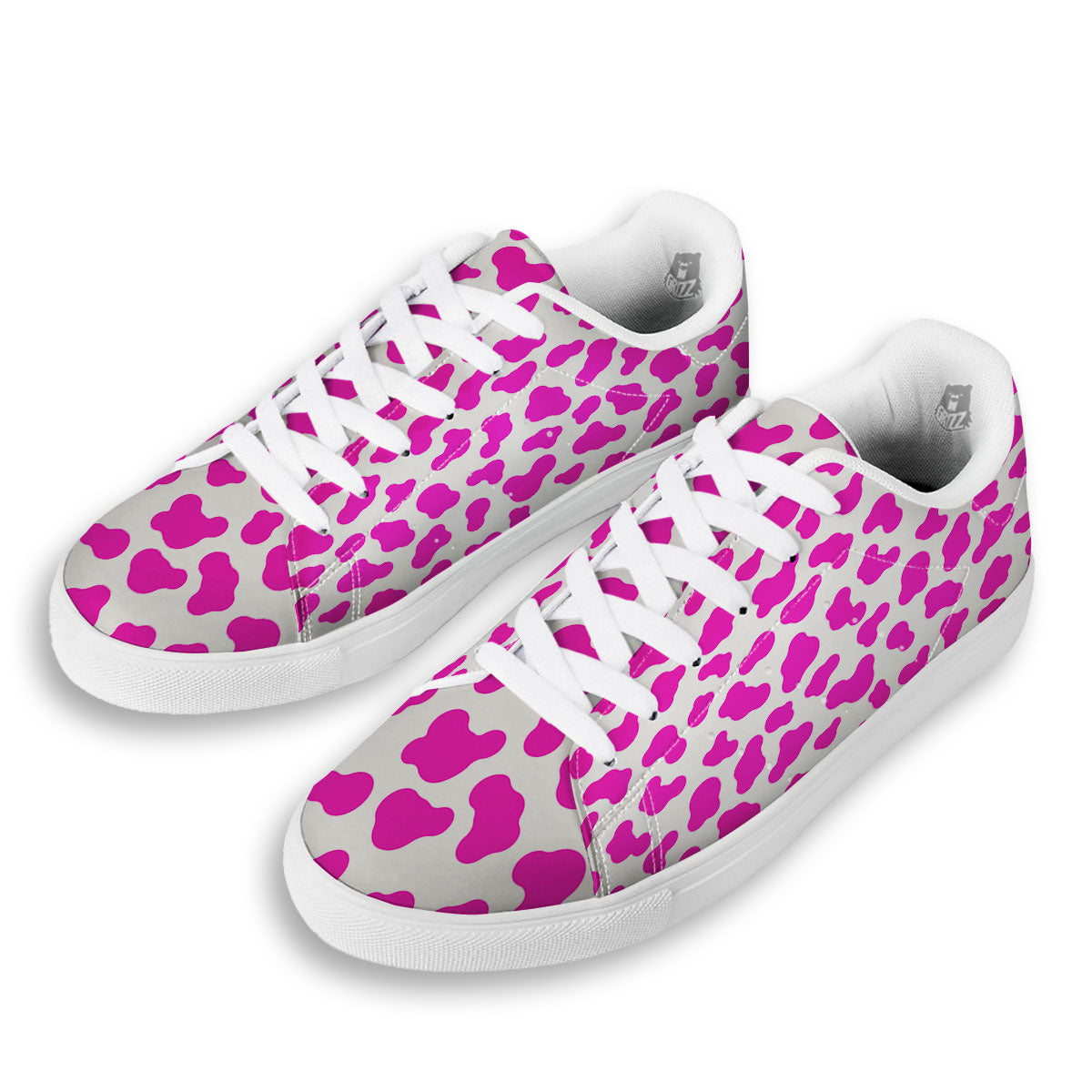 White Cow And Hot Pink Print White Low Top Sneakers-grizzshop