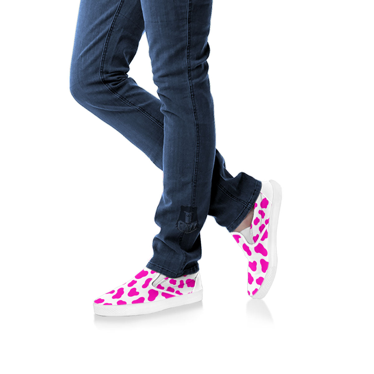White Cow And Hot Pink Print White Slip On Shoes-grizzshop