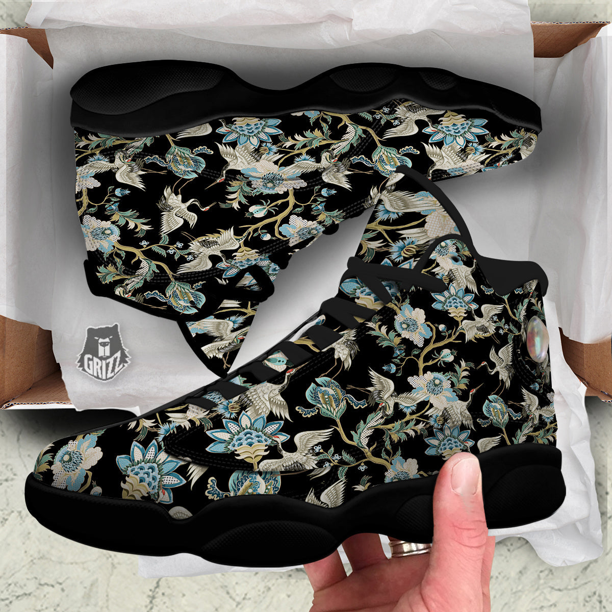 White Cranes Japanese Black Print Pattern Black Basketball Shoes-grizzshop