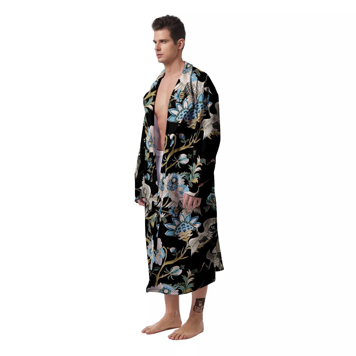 White Cranes Japanese Black Print Pattern Men's Robe-grizzshop