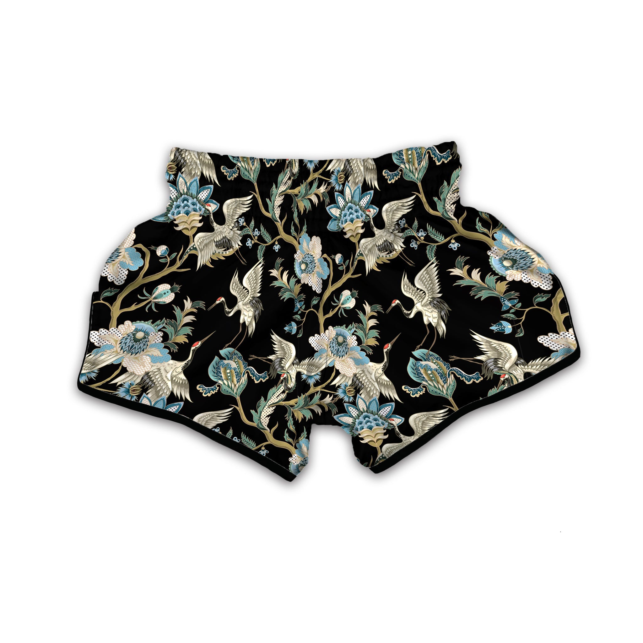 White Cranes Japanese Black Print Pattern Muay Thai Boxing Shorts-grizzshop