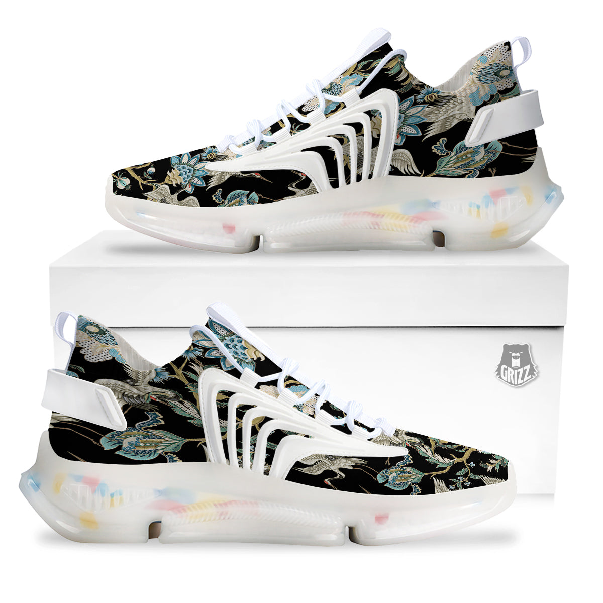 White Cranes Japanese Black Print Pattern White Gym Shoes-grizzshop