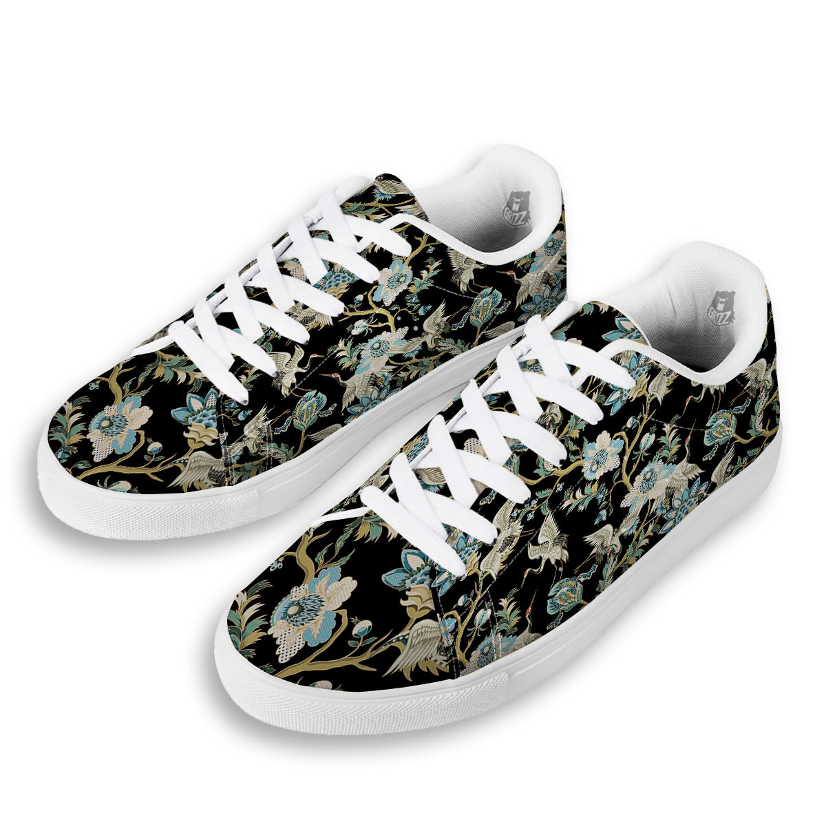 White Cranes Japanese Black Print Pattern White Low Top Sneakers-grizzshop