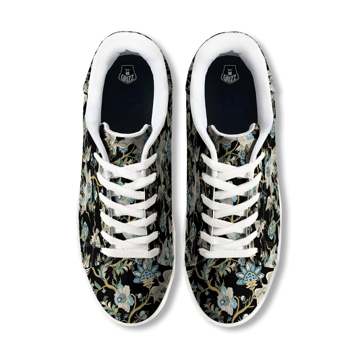 White Cranes Japanese Black Print Pattern White Low Top Sneakers-grizzshop