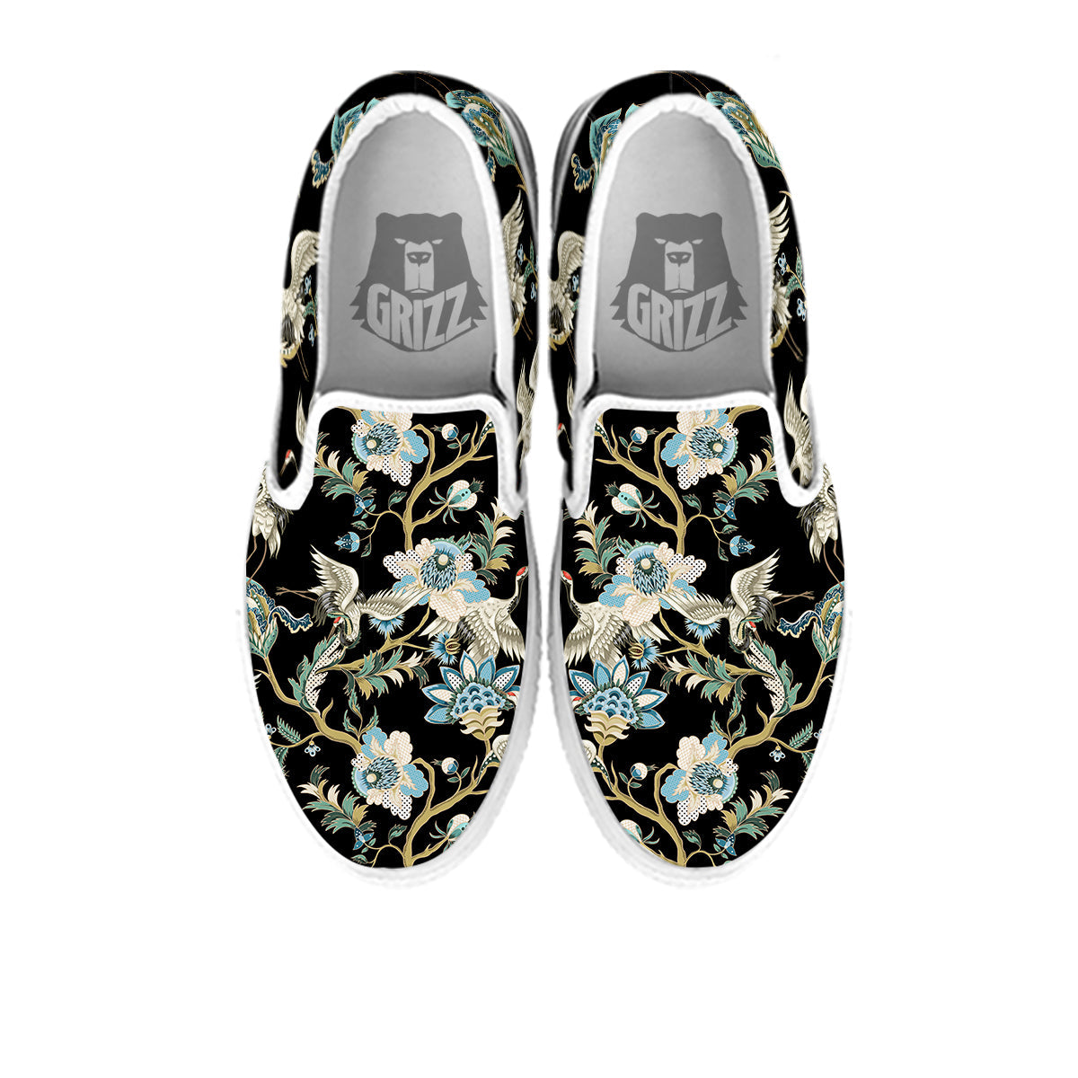 White Cranes Japanese Black Print Pattern White Slip On Shoes-grizzshop