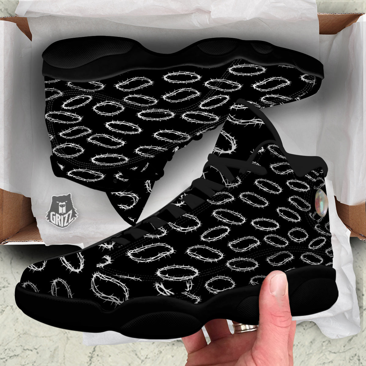 White Crown Of Thorns Print Pattern Black Basketball Shoes-grizzshop