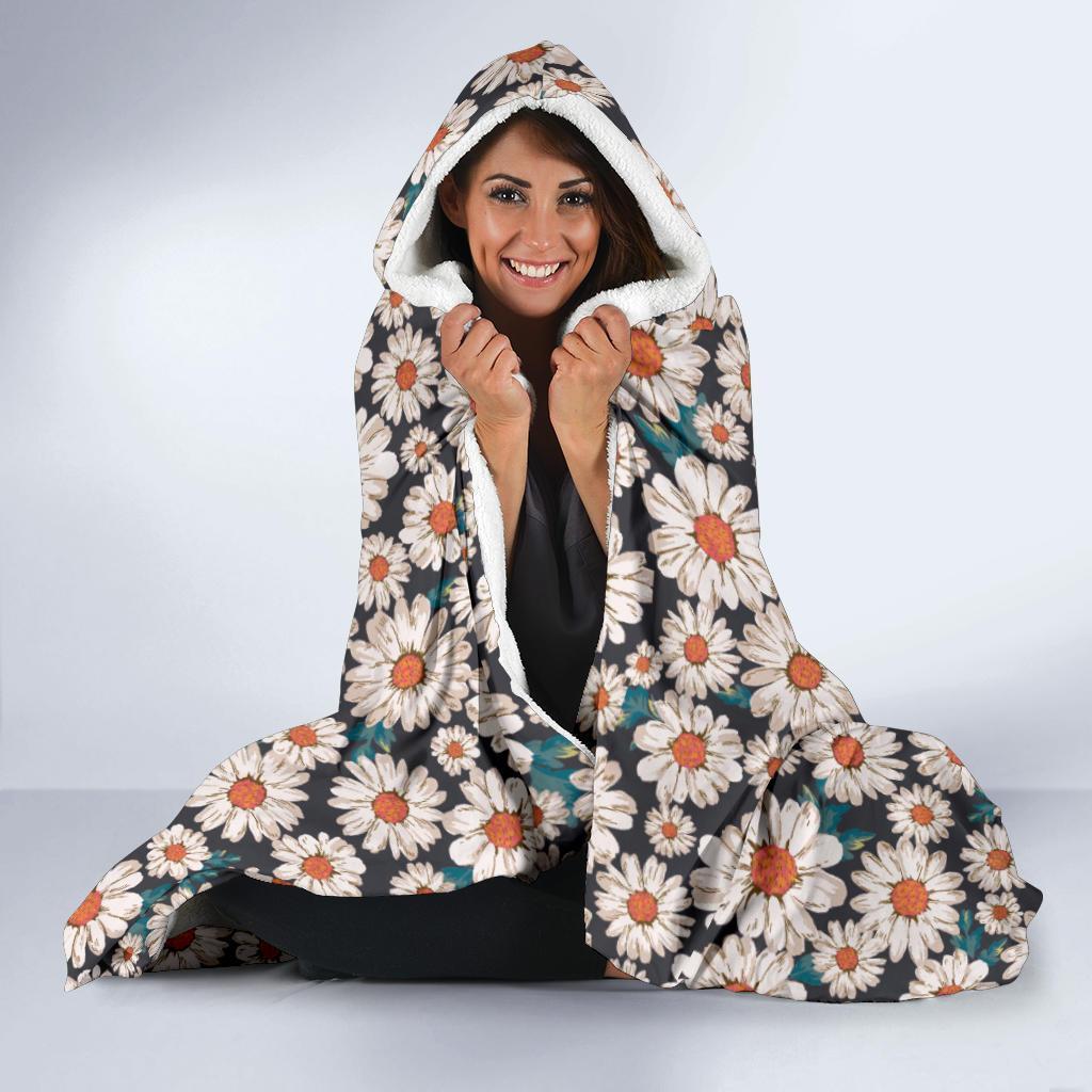 White Cute Daisy Pattern Print Hooded Blanket-grizzshop