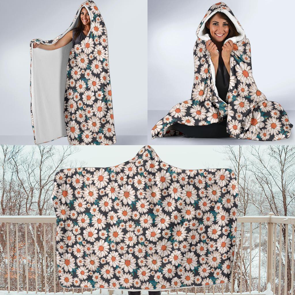 White Cute Daisy Pattern Print Hooded Blanket-grizzshop