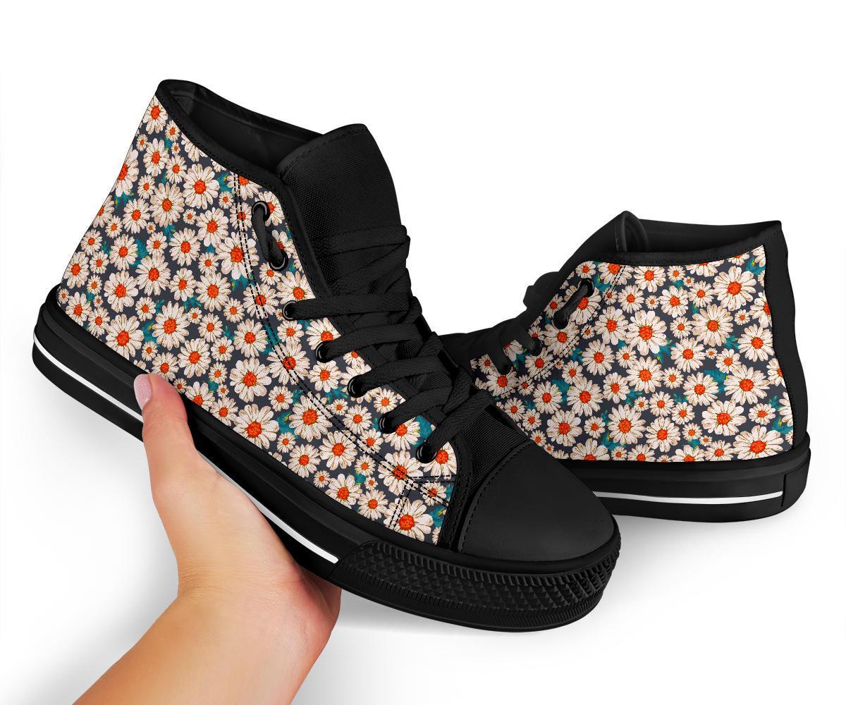 White Cute Daisy Pattern Print Men Women's High Top Shoes-grizzshop