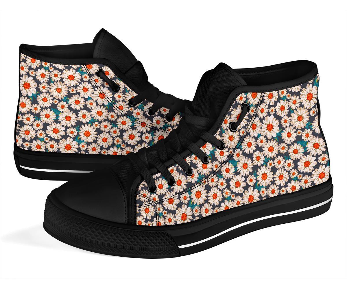 White Cute Daisy Pattern Print Men Women's High Top Shoes-grizzshop