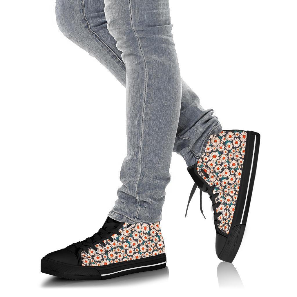 White Cute Daisy Pattern Print Men Women's High Top Shoes-grizzshop