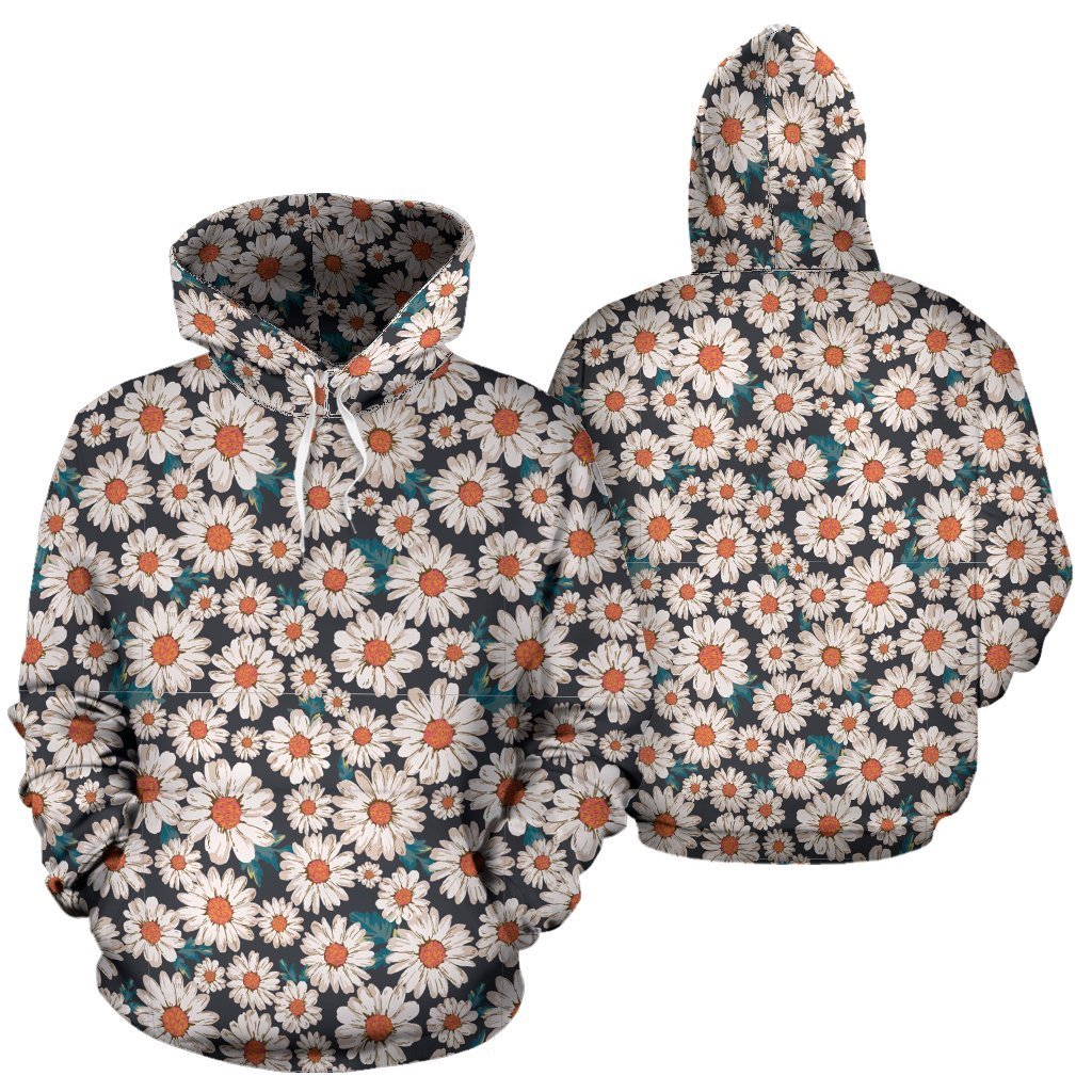 White Cute Daisy Pattern Print Women Men Pullover Hoodie-grizzshop