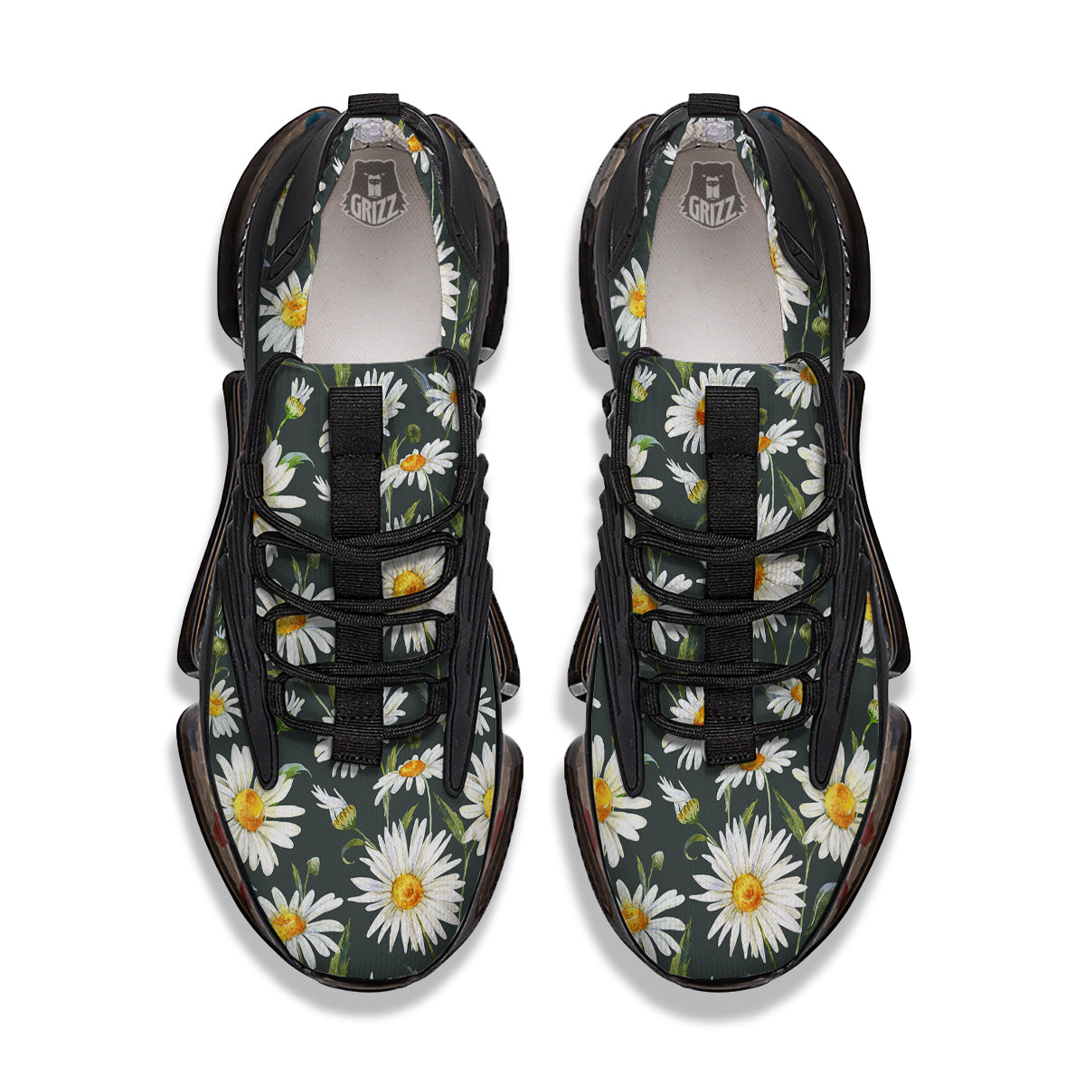 White Daisy Watercolor Print Pattern Black Gym Shoes-grizzshop
