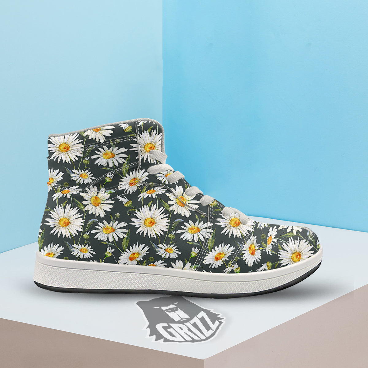White Daisy Watercolor Print Pattern High Top Sneakers-grizzshop