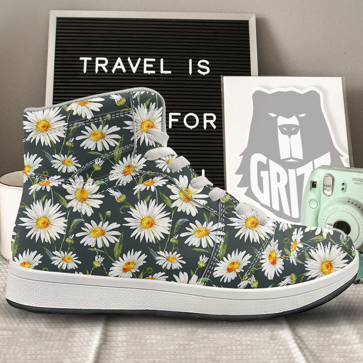 White Daisy Watercolor Print Pattern High Top Sneakers-grizzshop