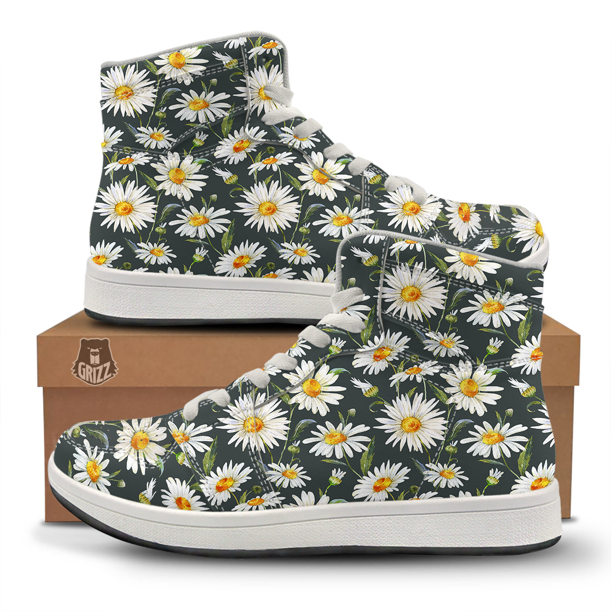 White Daisy Watercolor Print Pattern High Top Sneakers-grizzshop