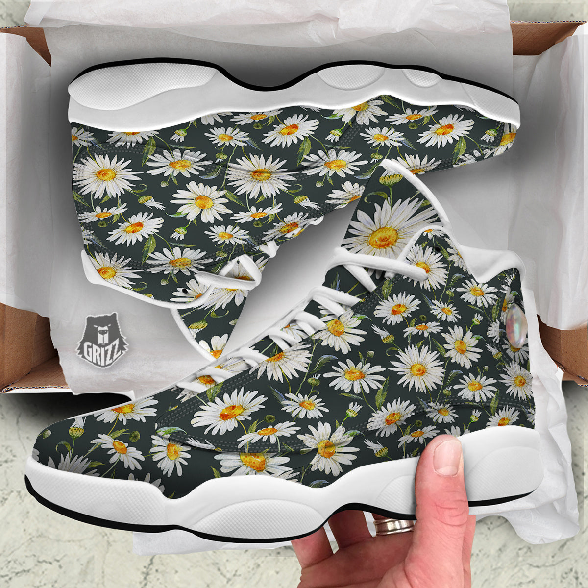 White Daisy Watercolor Print Pattern White Basketball Shoes-grizzshop