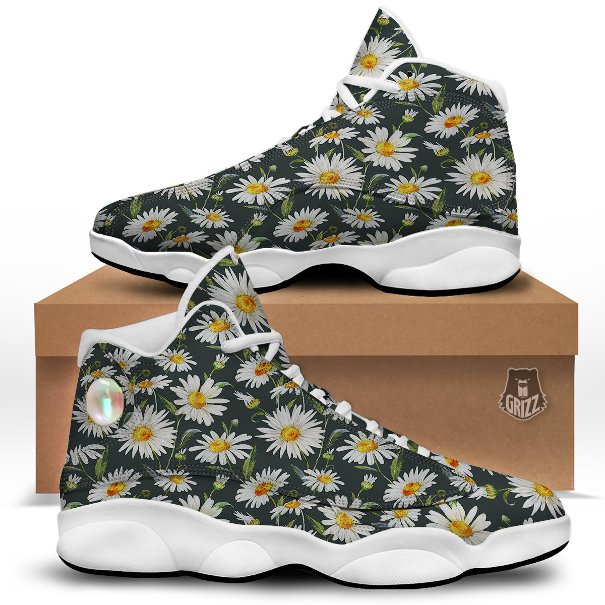 White Daisy Watercolor Print Pattern White Basketball Shoes-grizzshop