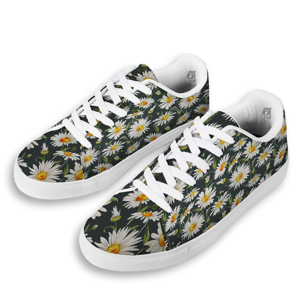 White Daisy Watercolor Print Pattern White Low Top Sneakers-grizzshop
