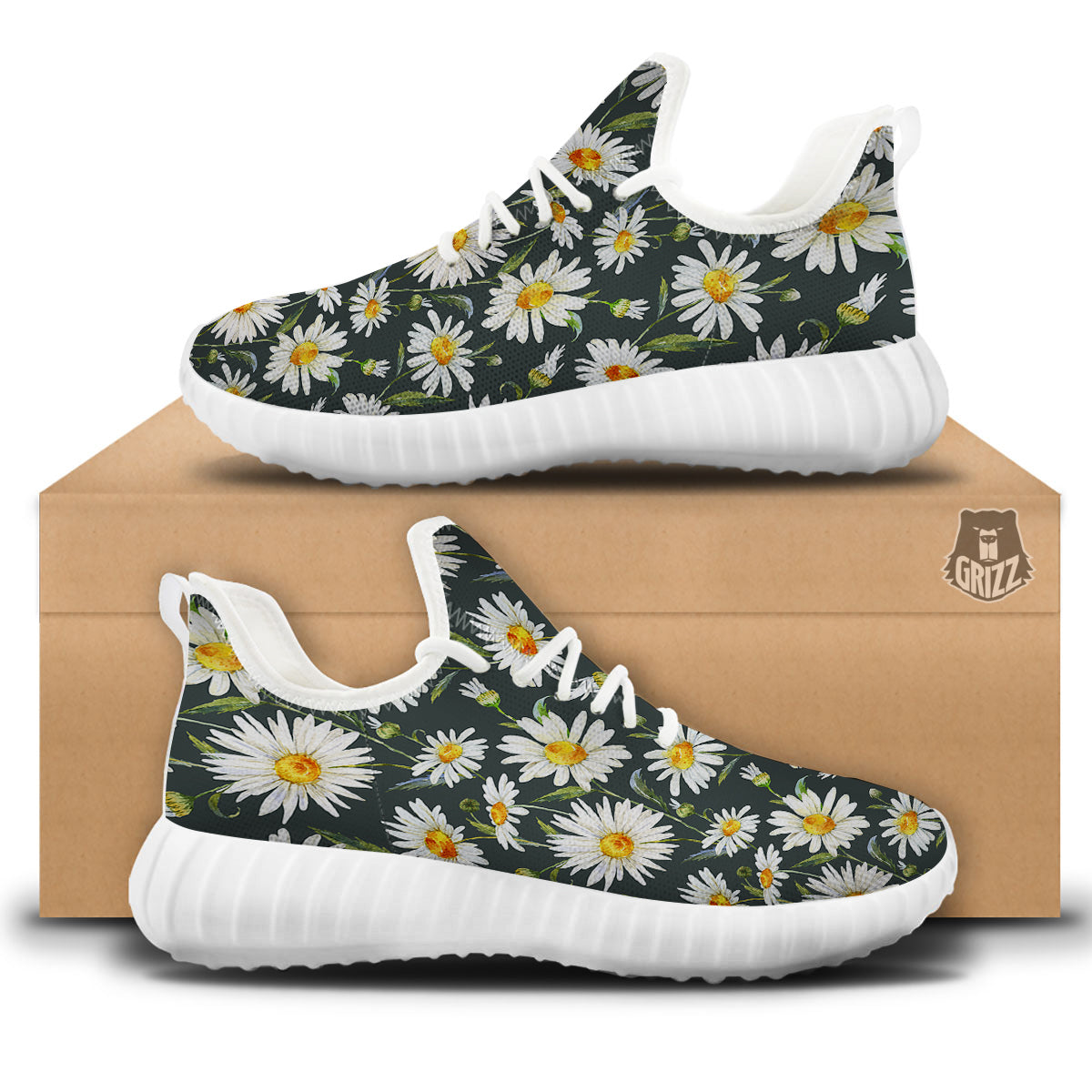White Daisy Watercolor Print Pattern White Walking Shoes-grizzshop