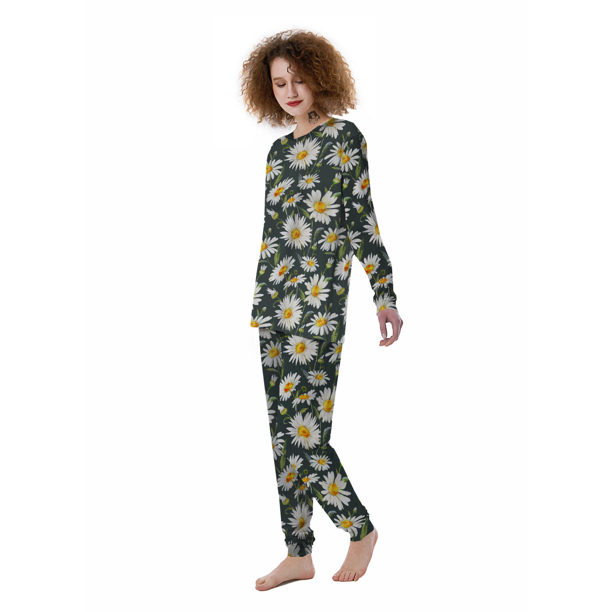 White Daisy Watercolor Print Pattern Women's Pajamas-grizzshop