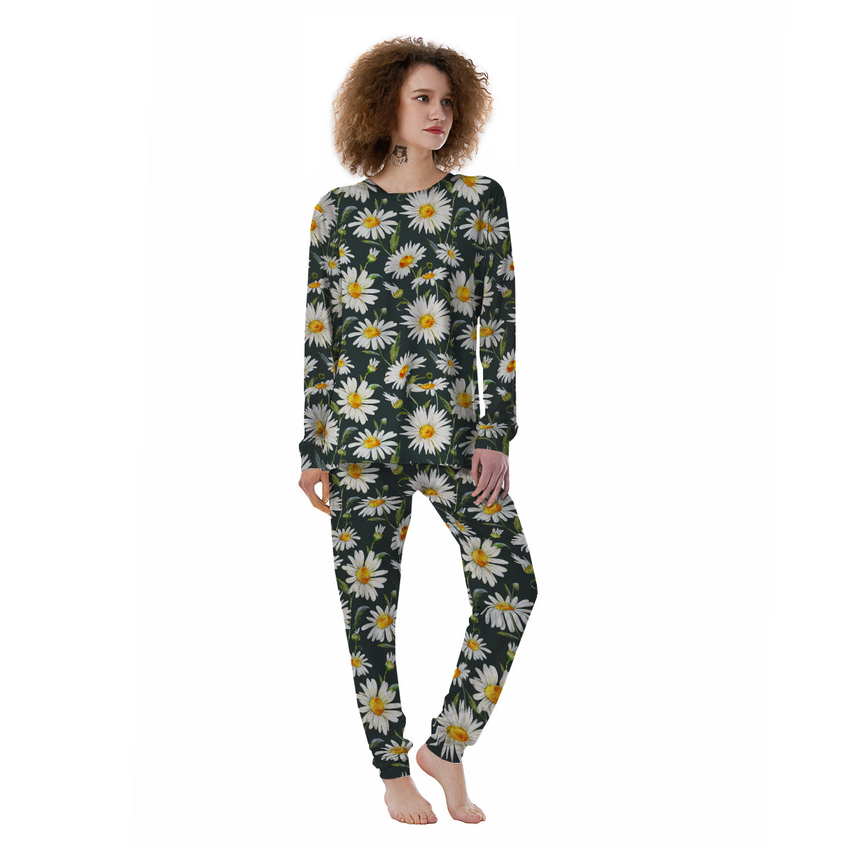 White Daisy Watercolor Print Pattern Women's Pajamas-grizzshop
