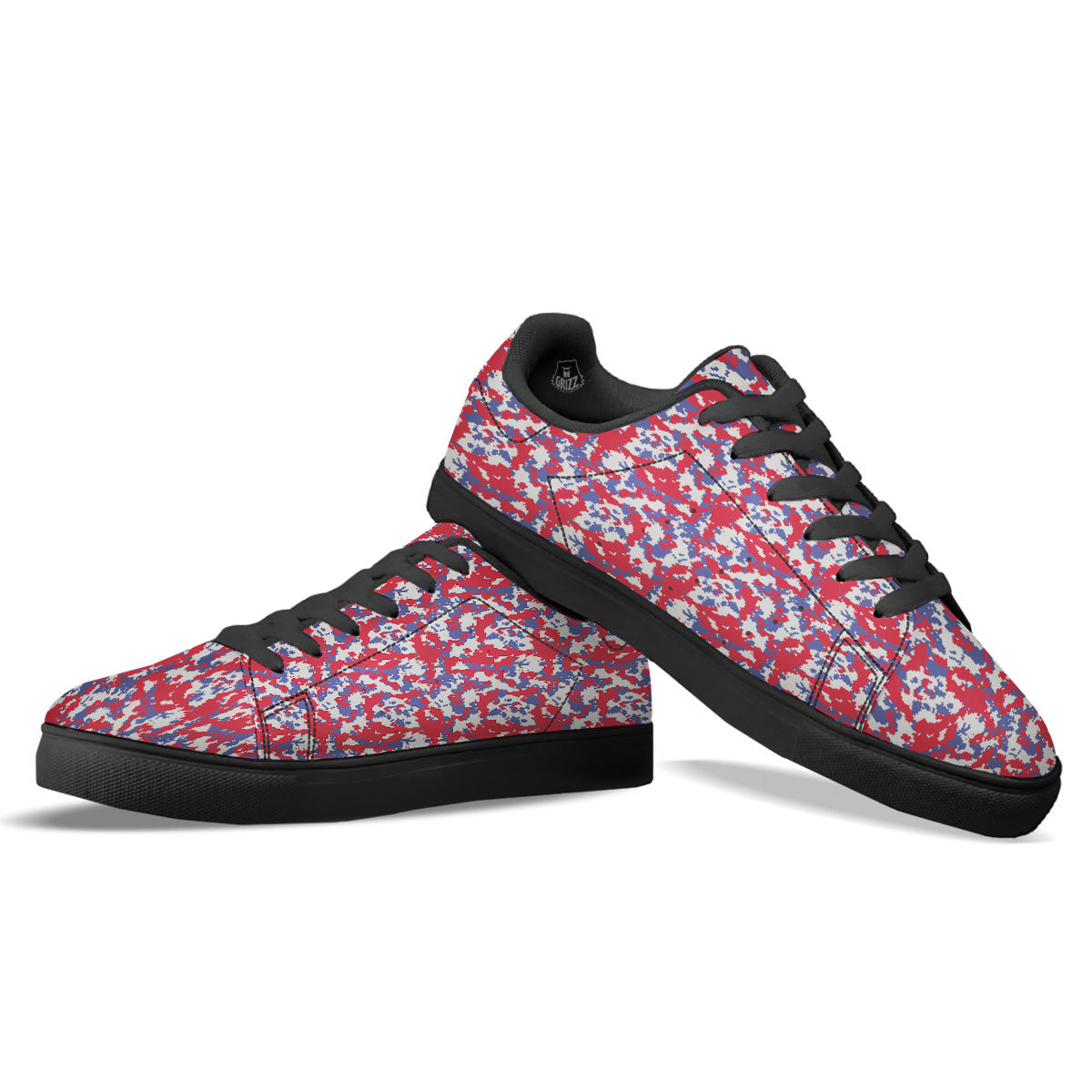 White Digital Camo And Blue Red Print Black Low Top Sneakers-grizzshop