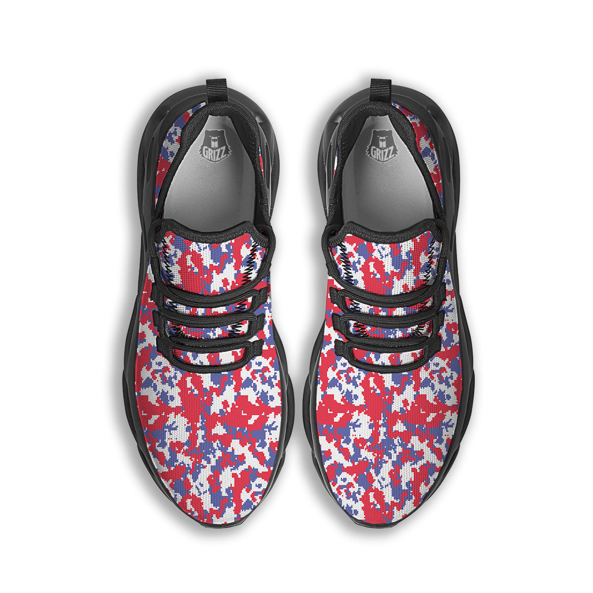 White Digital Camo And Blue Red Print Black Running Shoes-grizzshop