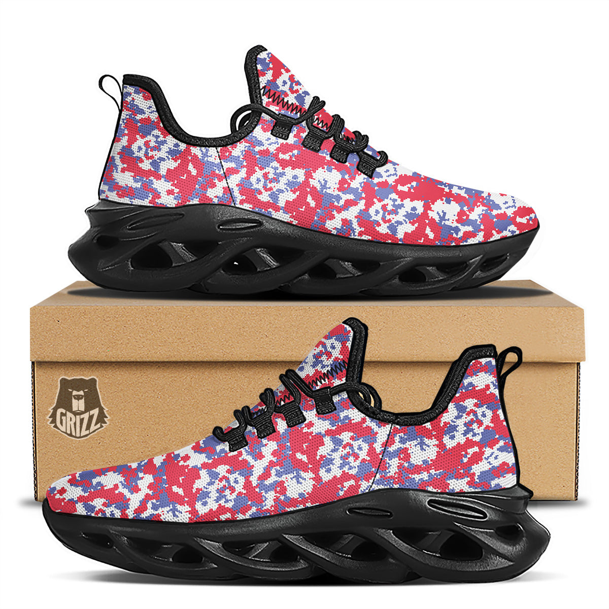 White Digital Camo And Blue Red Print Black Running Shoes-grizzshop