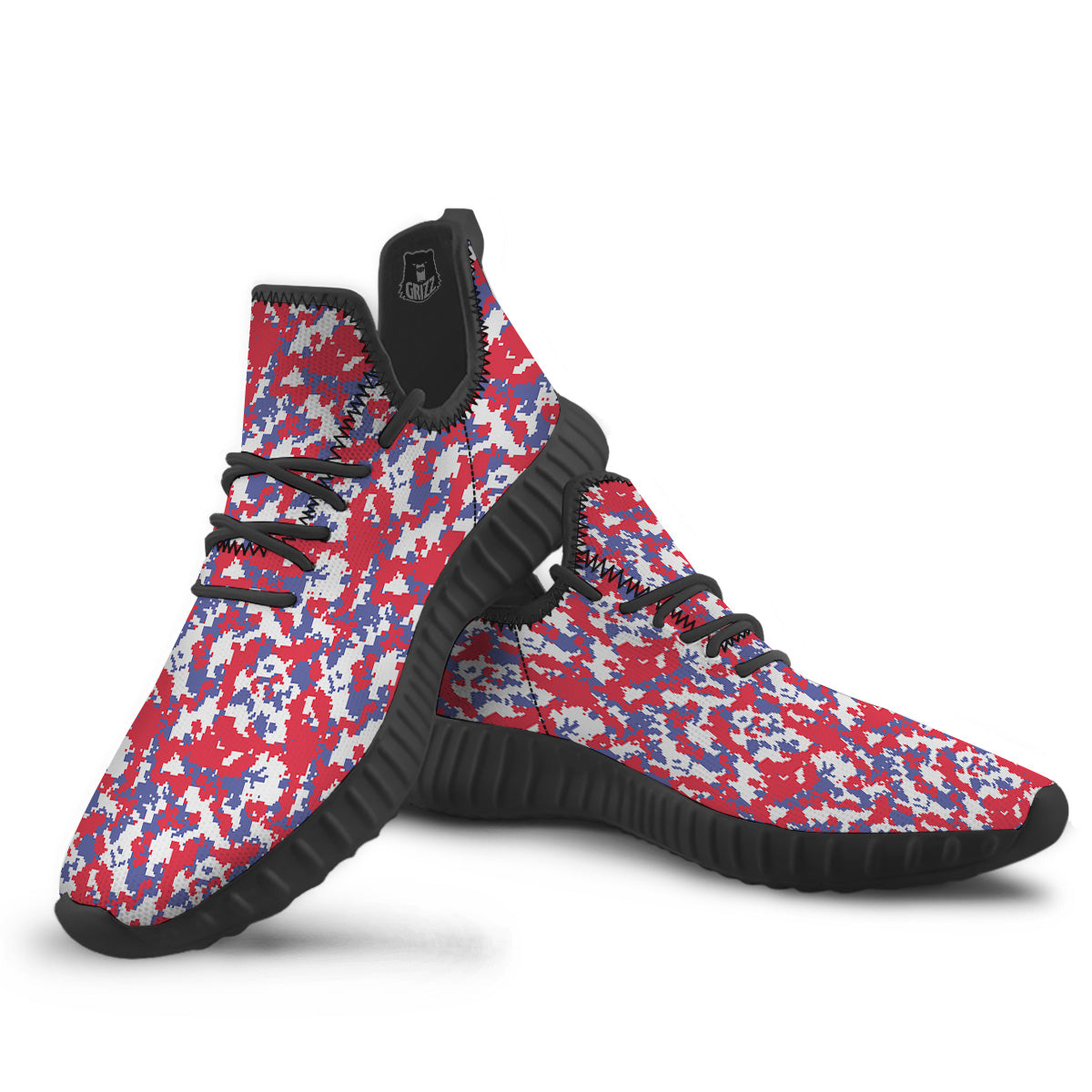 White Digital Camo And Blue Red Print Black Walking Shoes-grizzshop