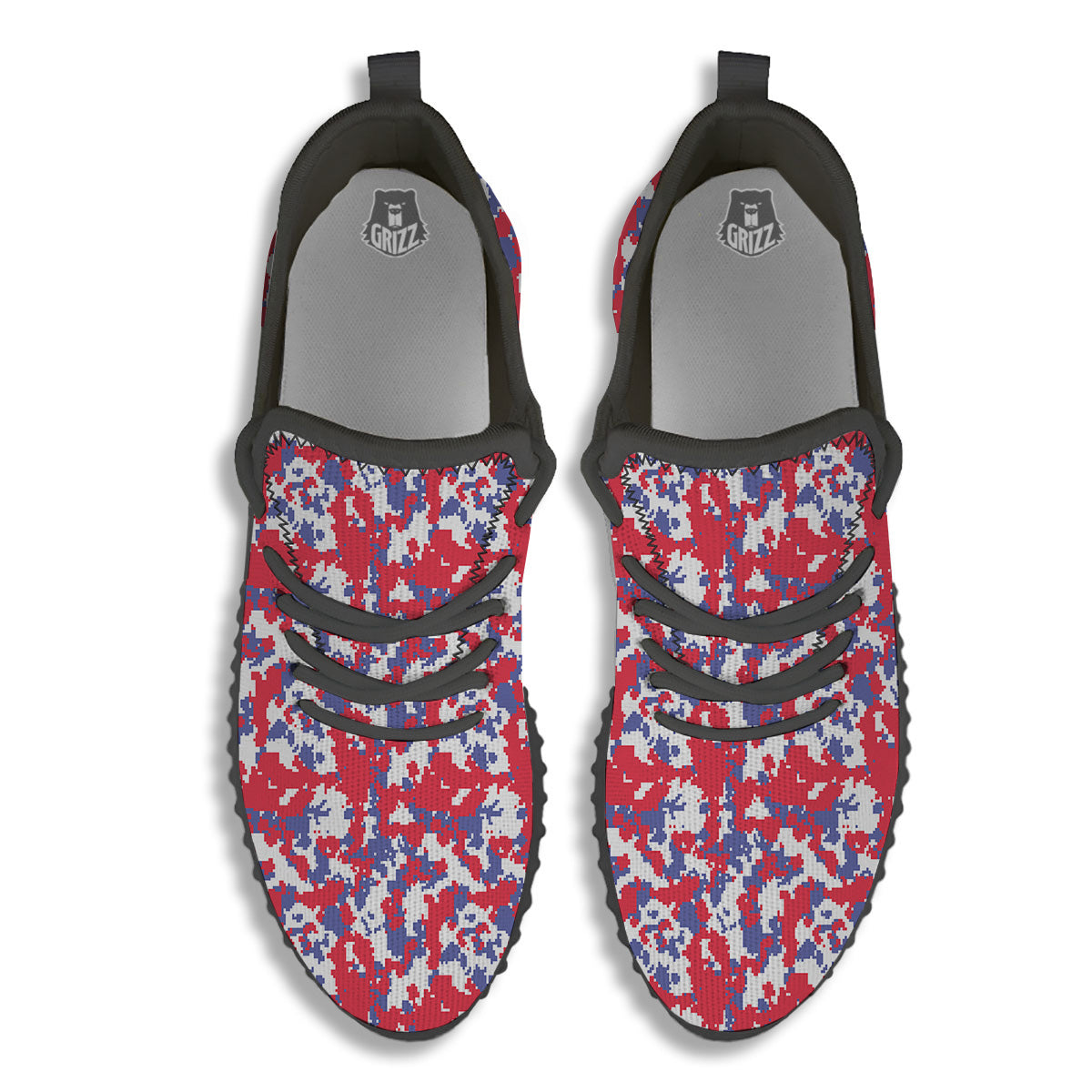 White Digital Camo And Blue Red Print Black Walking Shoes-grizzshop