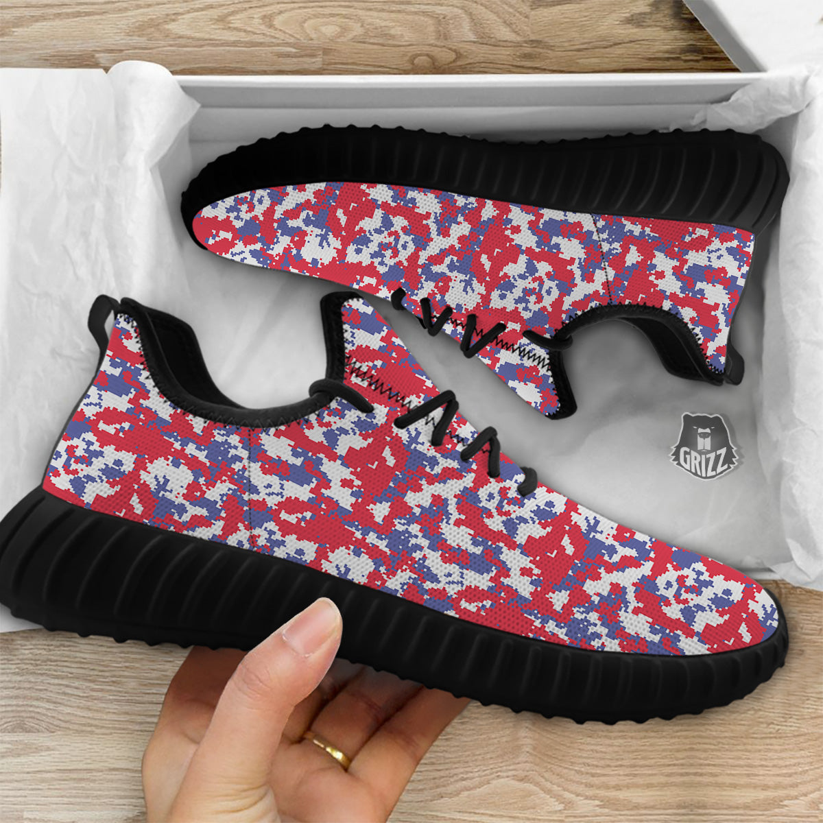 White Digital Camo And Blue Red Print Black Walking Shoes-grizzshop