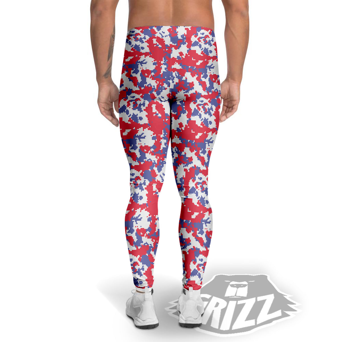 White Digital Camo And Blue Red Print Men's Leggings-grizzshop