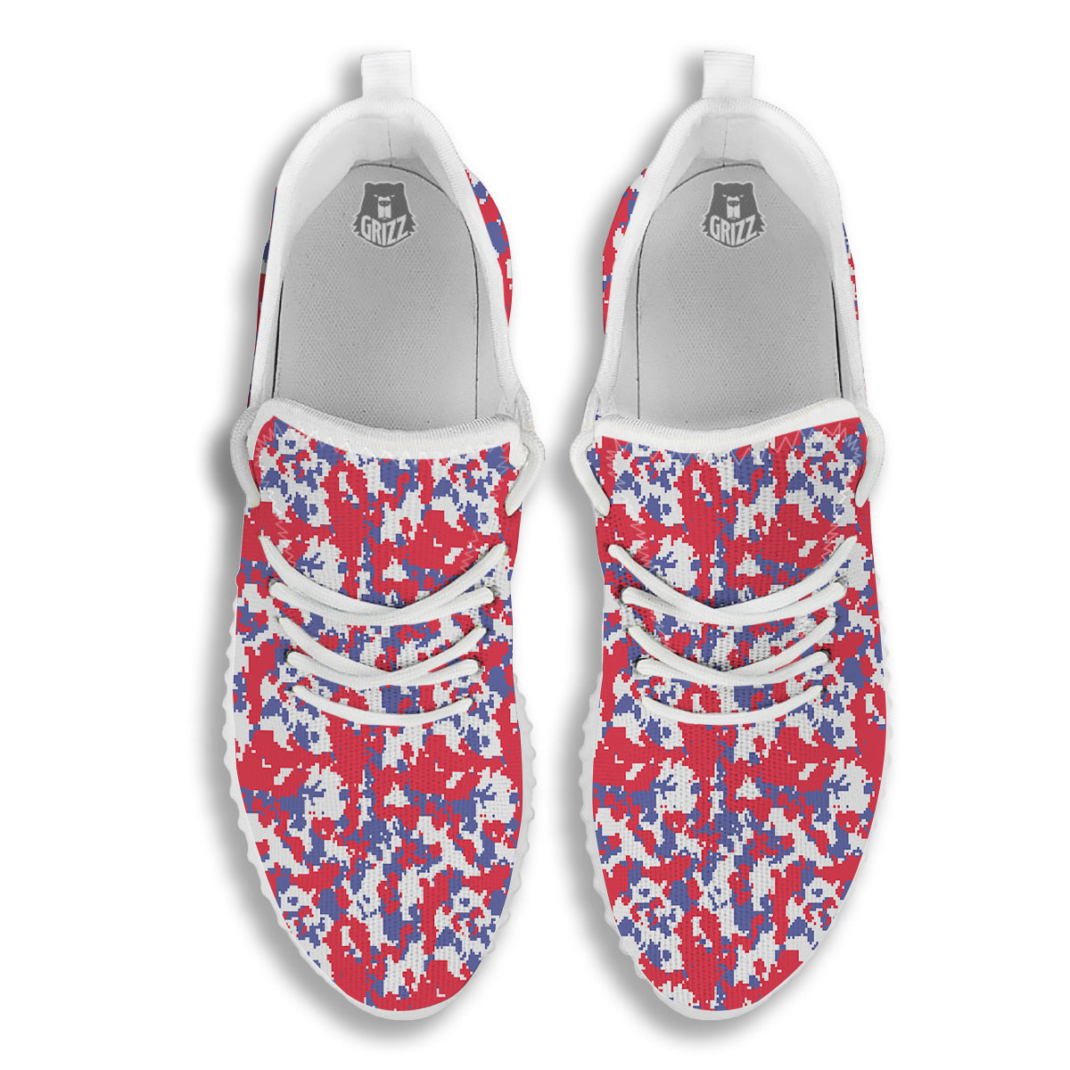 White Digital Camo And Blue Red Print White Walking Shoes-grizzshop