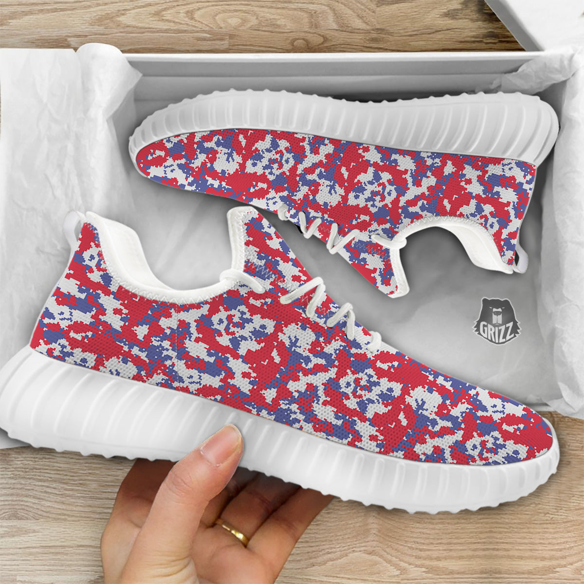 White Digital Camo And Blue Red Print White Walking Shoes-grizzshop