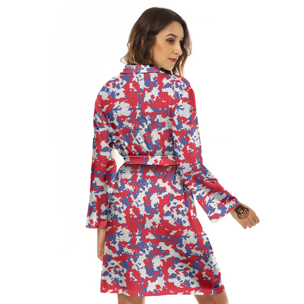 White Digital Camo And Blue Red Print Women's Robe-grizzshop