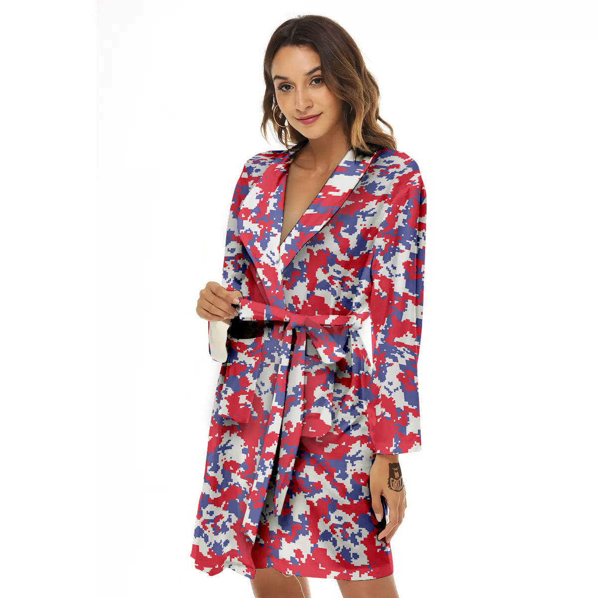 White Digital Camo And Blue Red Print Women's Robe-grizzshop