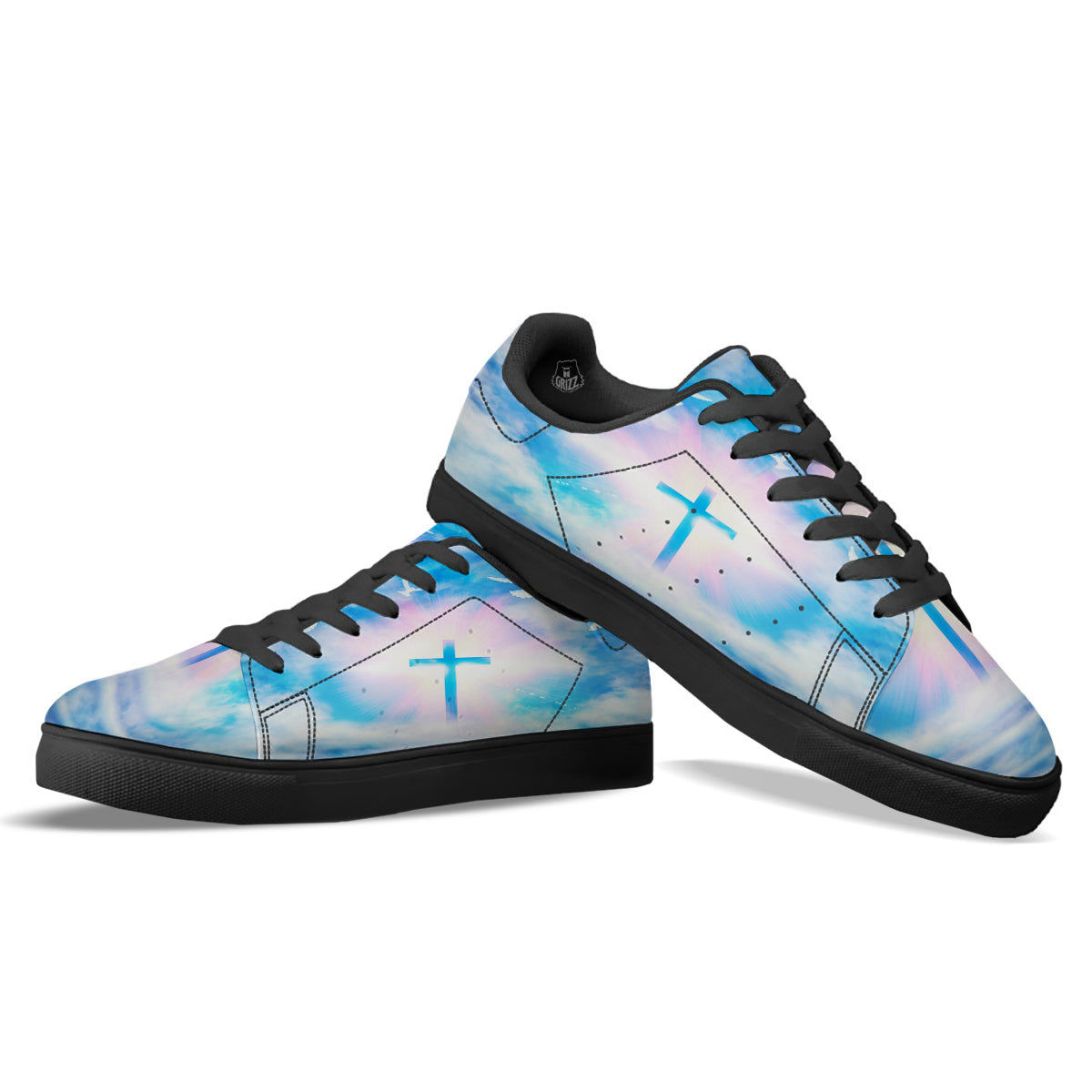 White Doves And Christian Cross Print Black Low Top Sneakers-grizzshop