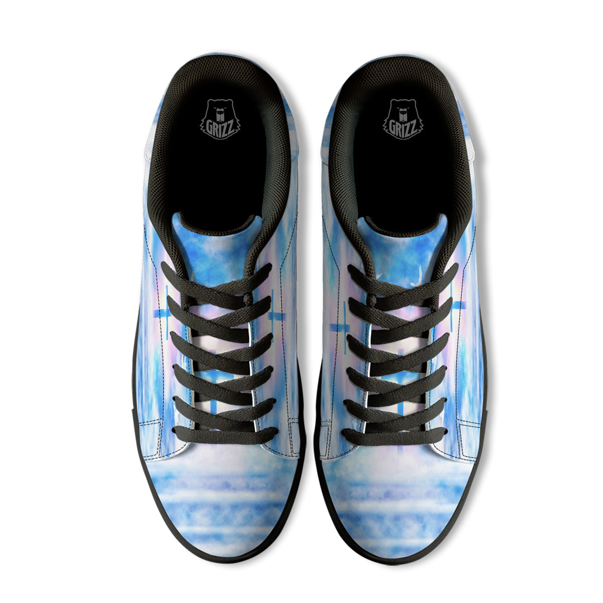 White Doves And Christian Cross Print Black Low Top Sneakers-grizzshop
