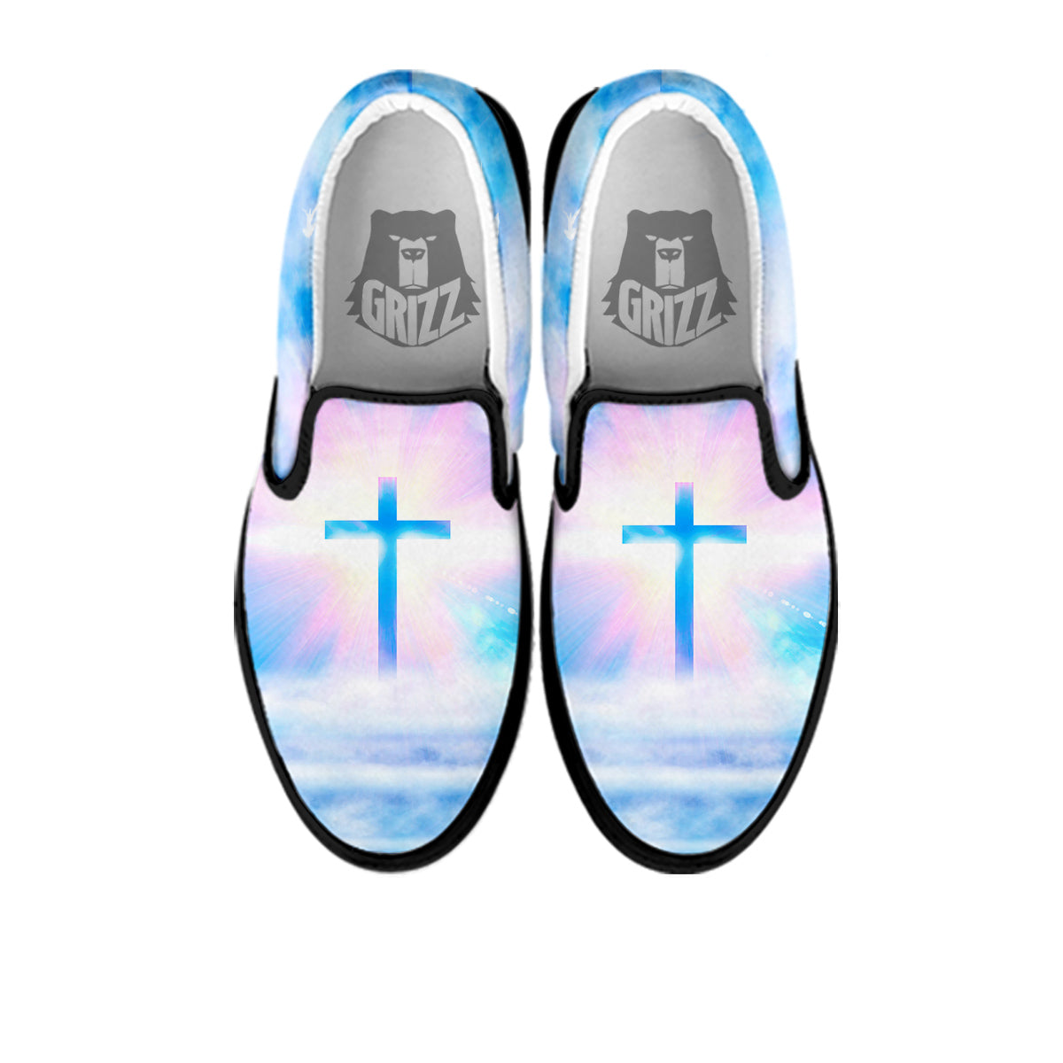 White Doves And Christian Cross Print Black Slip On Shoes-grizzshop