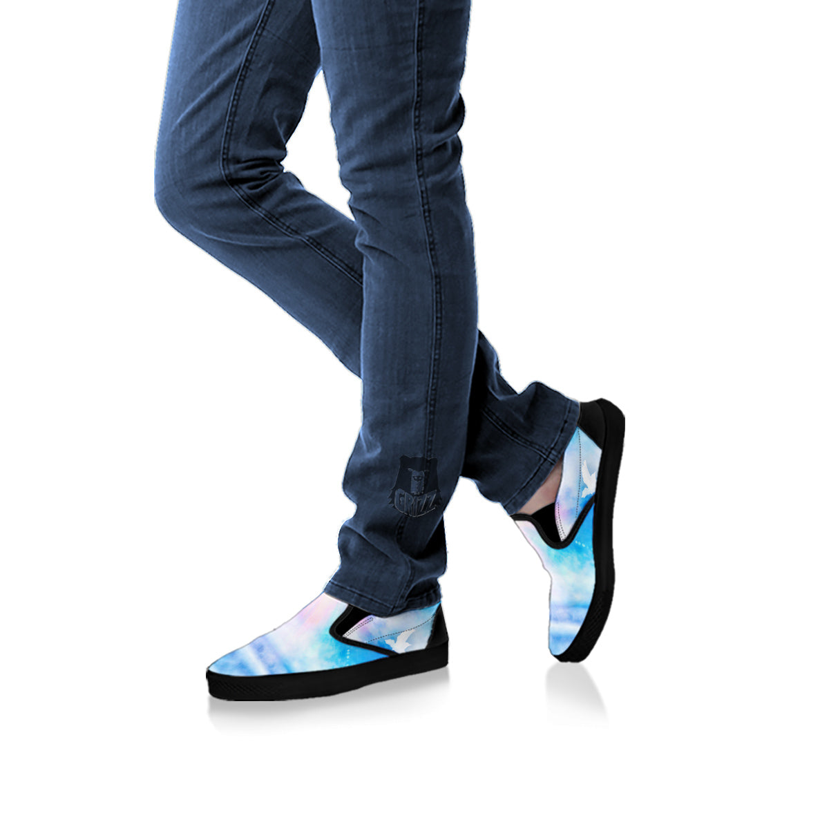 White Doves And Christian Cross Print Black Slip On Shoes-grizzshop