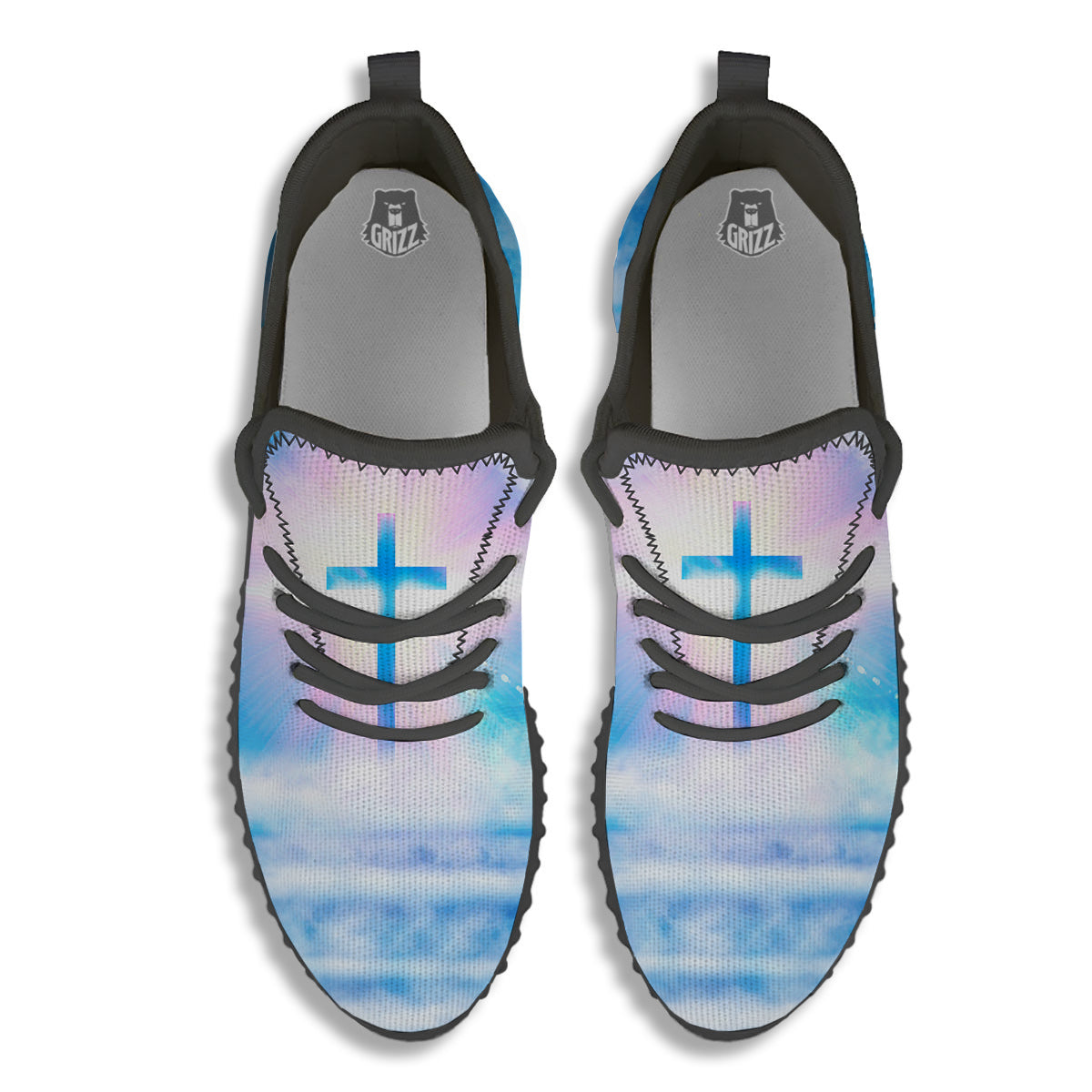 White Doves And Christian Cross Print Black Walking Shoes-grizzshop