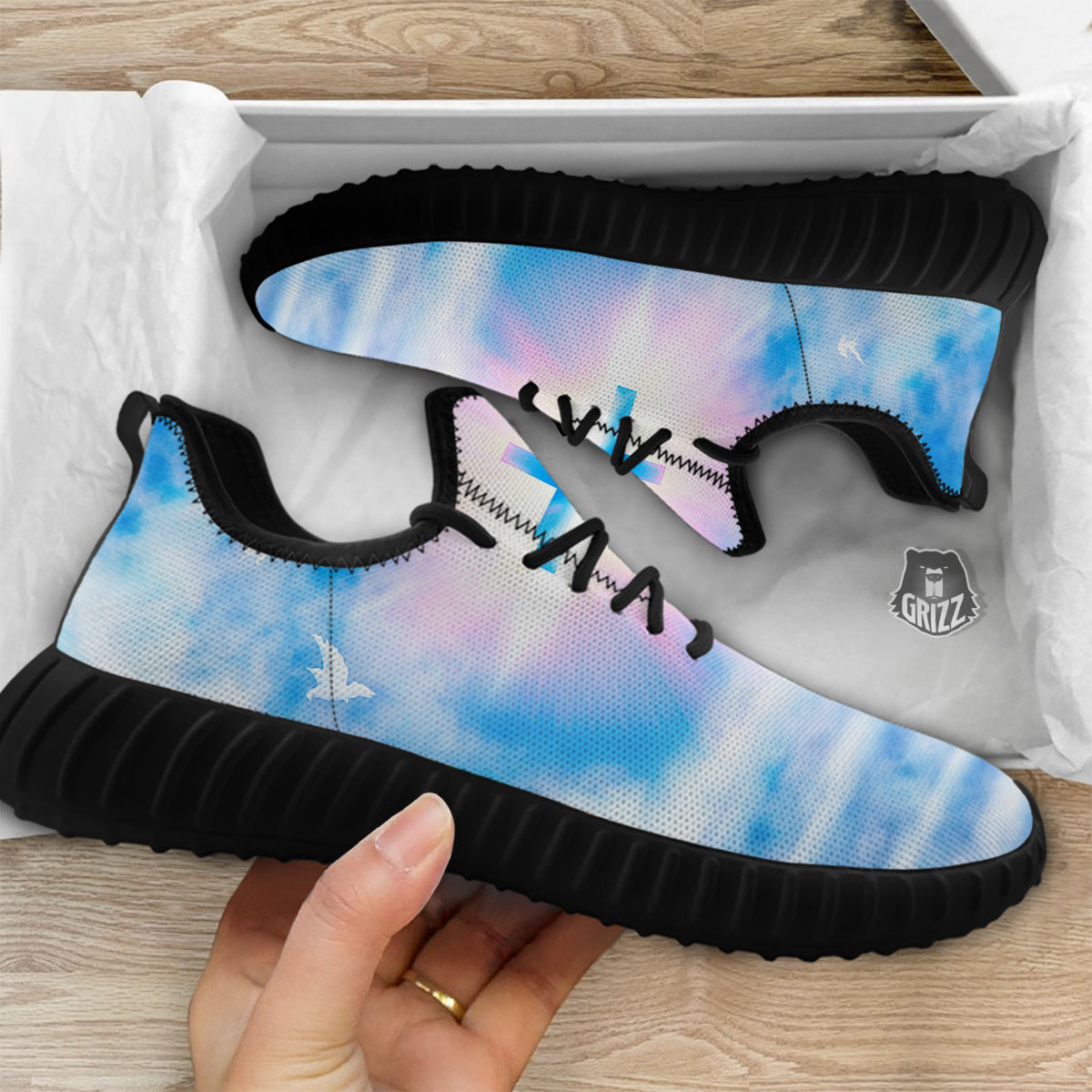 White Doves And Christian Cross Print Black Walking Shoes-grizzshop