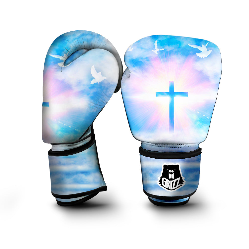 White Doves And Christian Cross Print Boxing Gloves-grizzshop