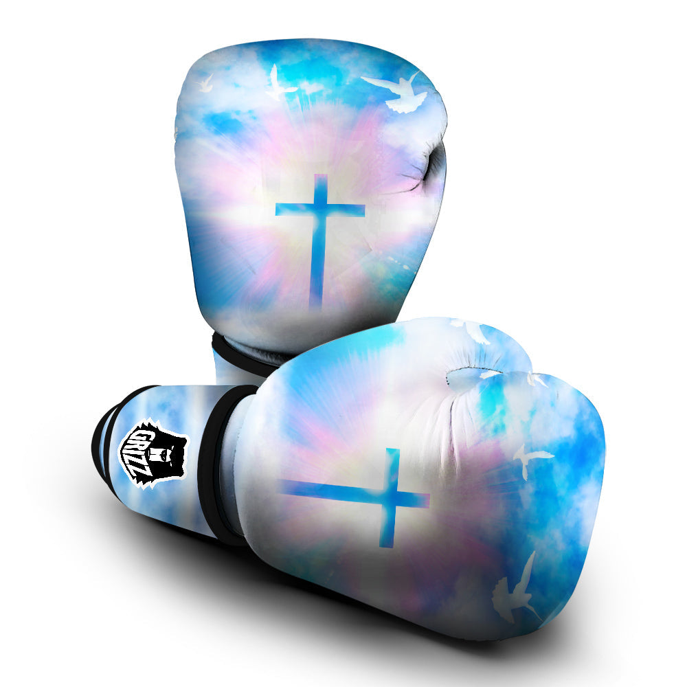 White Doves And Christian Cross Print Boxing Gloves-grizzshop