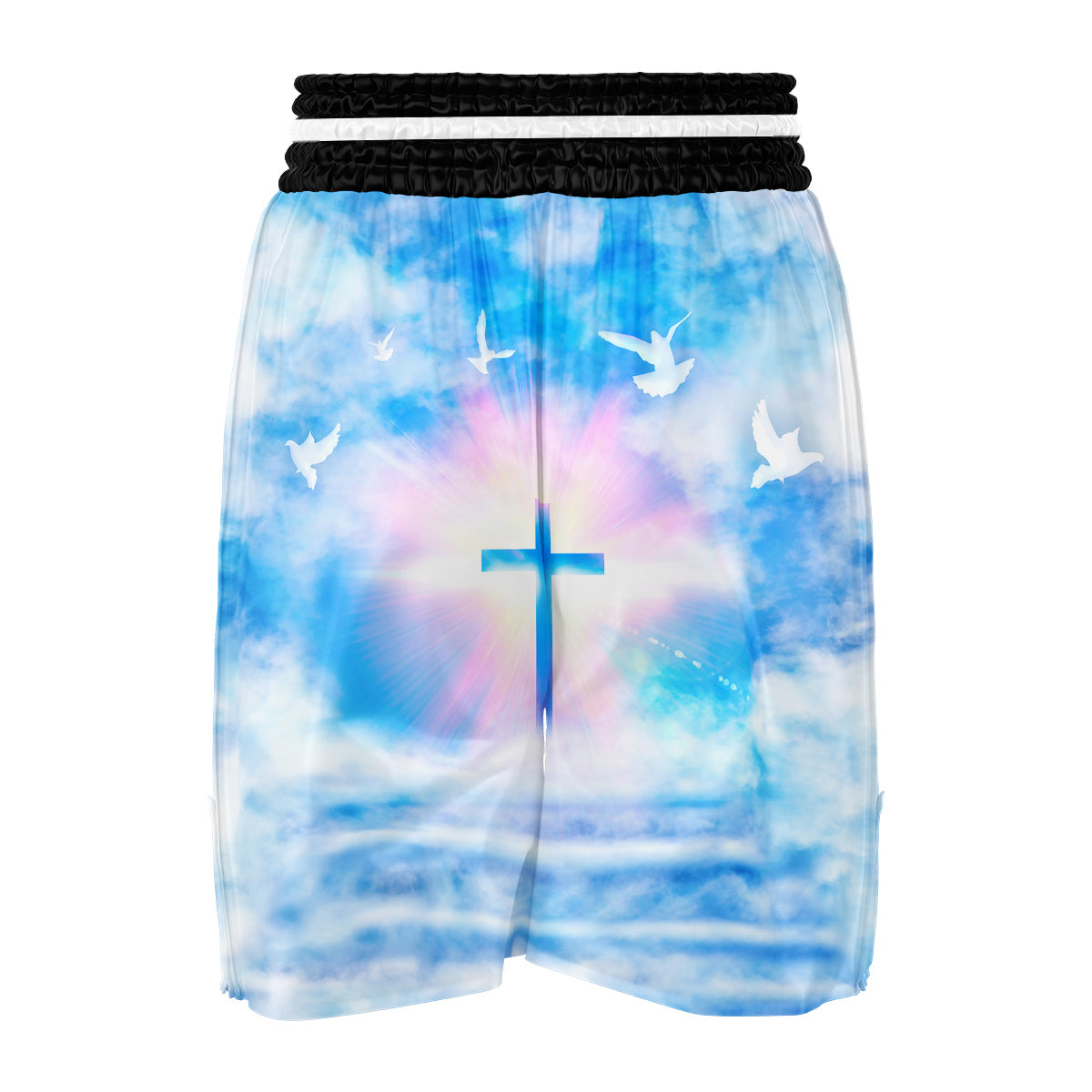 White Doves And Christian Cross Print Boxing Shorts-grizzshop