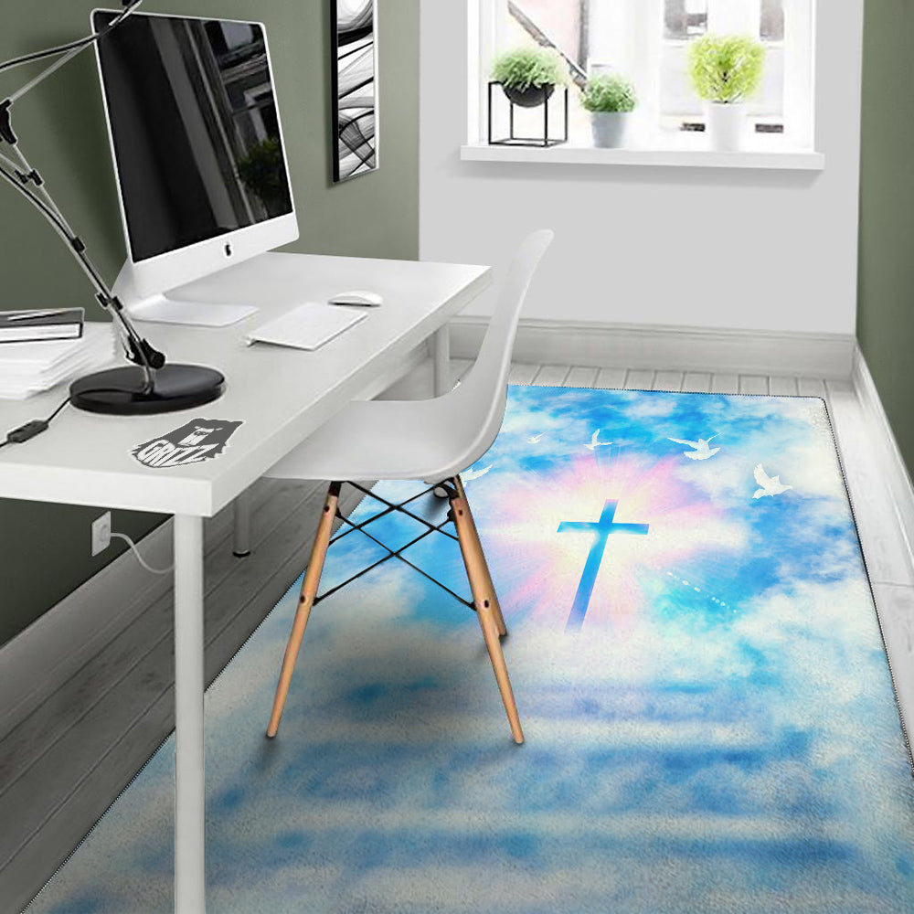 White Doves And Christian Cross Print Floor Mat-grizzshop