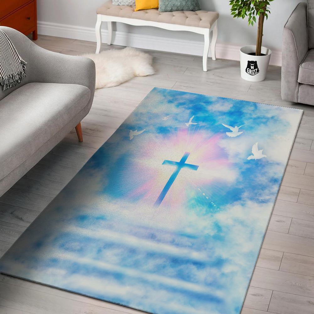 White Doves And Christian Cross Print Floor Mat-grizzshop